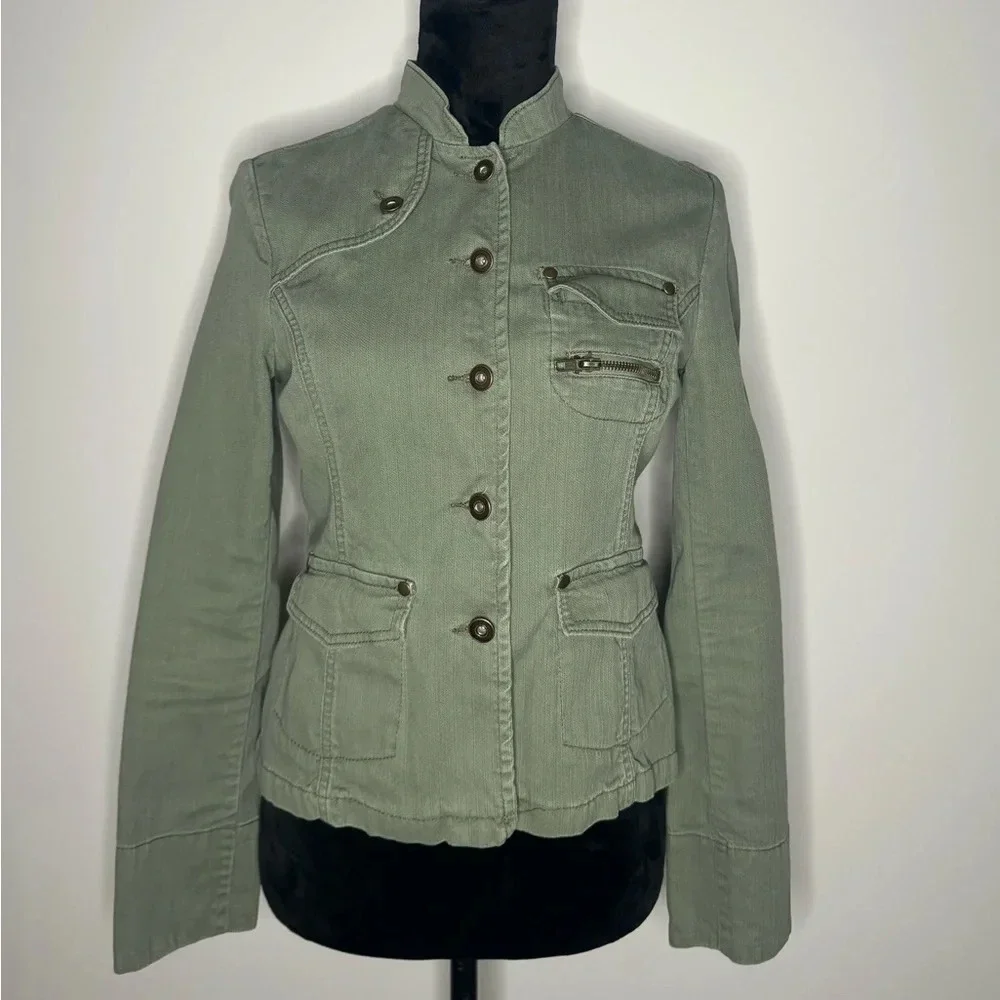Mossimo Womens Utility Jacket Green Denim Military Button Up Pockets Casual - Picture 1 of 15